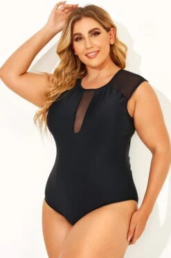Black Sexy Mesh Shoulder One Piece Swimsuit -Bikini By Muse b deop143001 3