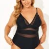 Black Mesh V-neck Women One Piece Swimsuit