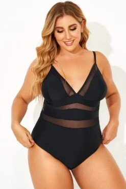 Black Mesh V-neck Women One Piece Swimsuit