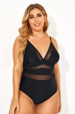 Black Mesh V-neck Women One Piece Swimsuit 11 Black Mesh V-neck Women One Piece Swimsuit -Bikini By Muse b deop145001 5