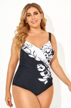 Black & White Flower Printed One Piece Swimsuit -Bikini By Muse b deop148001 2