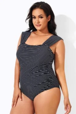 Black & White Striped Thick Strap One Piece Swimsuit 7 Black & White Striped Thick Strap One Piece Swimsuit -Bikini By Muse b deop163001 4