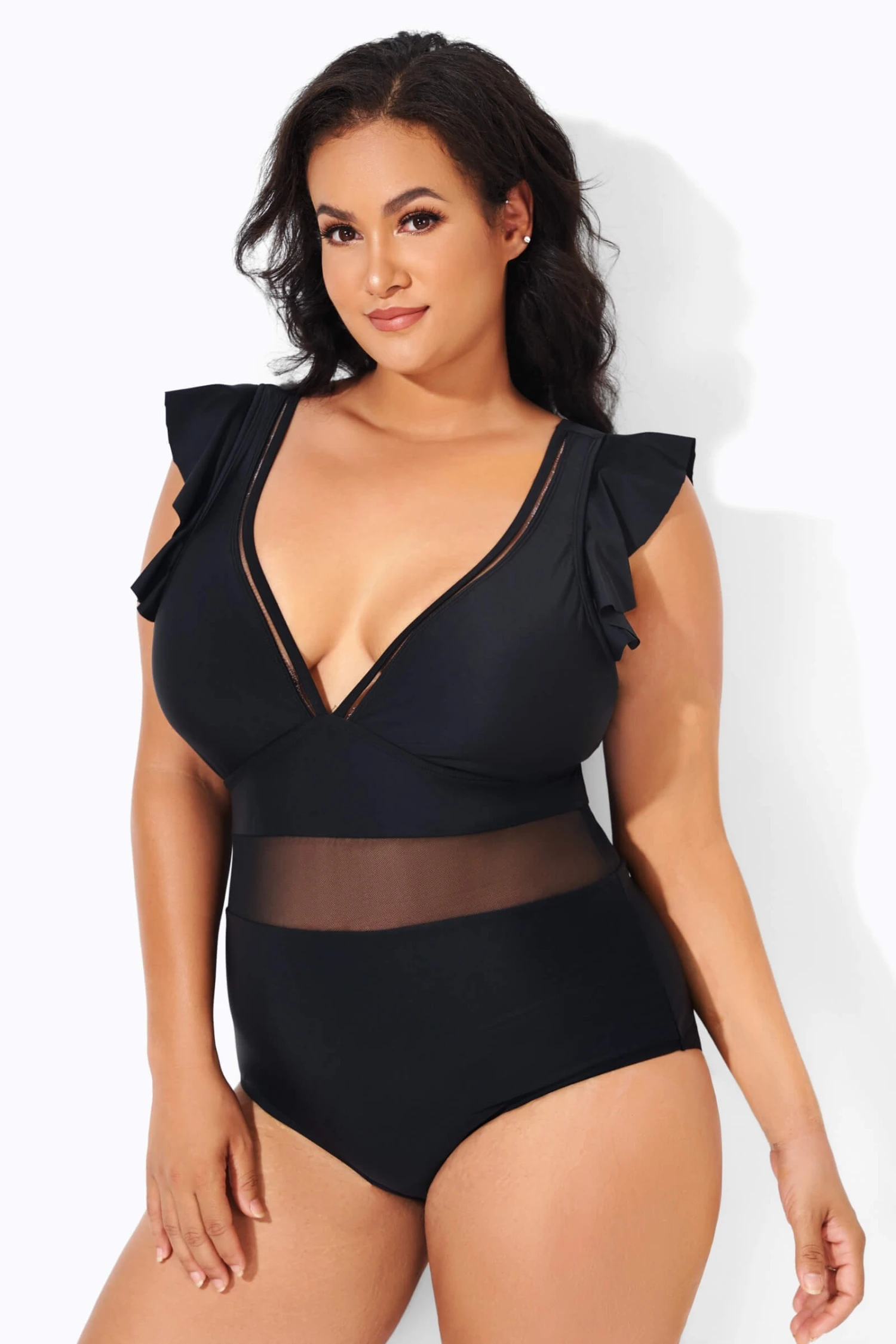 Black Ruffle Plunge V Neck One Piece Swimsuit 4 Black Ruffle Plunge V Neck One Piece Swimsuit - Image 4