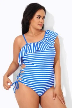 Blue & White Striped Adjustable Strap One Piece Swimsuit