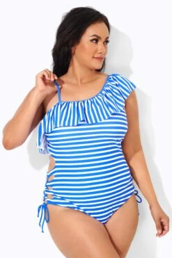 Blue & White Striped Adjustable Strap One Piece Swimsuit 7 Blue & White Striped Adjustable Strap One Piece Swimsuit -Bikini By Muse b deop166001 3