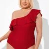 Red One Shoulder Ruffle One Piece Swimsuit