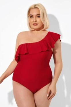 Red One Shoulder Ruffle One Piece Swimsuit -Bikini By Muse b deop172001 4