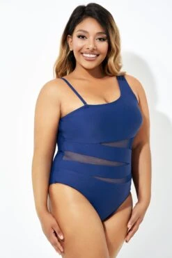 Navy Blue One Shoulder Mesh One Piece Swimsuit 8 Navy Blue One Shoulder Mesh One Piece Swimsuit -Bikini By Muse b deop181002 1