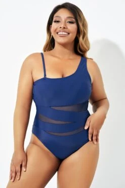 Navy Blue One Shoulder Mesh One Piece Swimsuit 9 Navy Blue One Shoulder Mesh One Piece Swimsuit -Bikini By Muse b deop181002 4