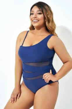 Navy Blue One Shoulder Mesh One Piece Swimsuit 10 Navy Blue One Shoulder Mesh One Piece Swimsuit -Bikini By Muse b deop181002 5