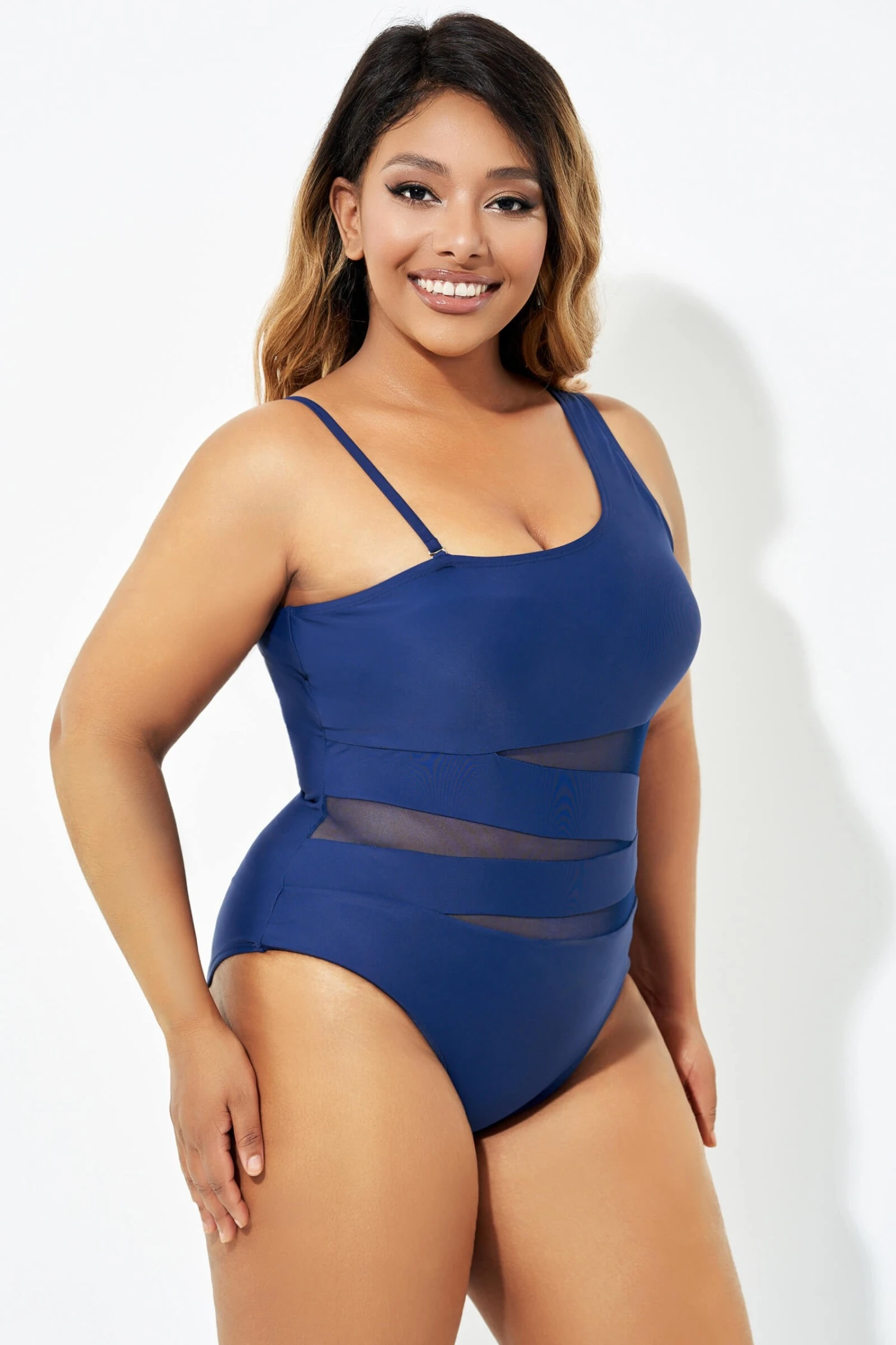 Navy Blue One Shoulder Mesh One Piece Swimsuit 6 Navy Blue One Shoulder Mesh One Piece Swimsuit - Image 6