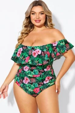 Floral Print Bandeau Off The Shoulder Ruffle One Piece Swimsuit -Bikini By Muse b deop183006 1