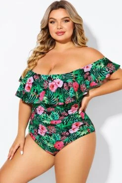 Floral Print Bandeau Off The Shoulder Ruffle One Piece Swimsuit -Bikini By Muse b deop183006 4