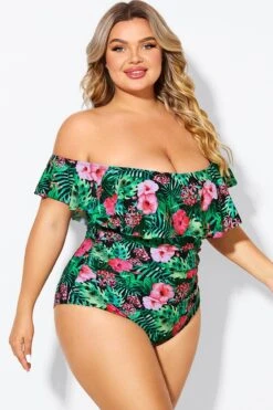 Floral Print Bandeau Off The Shoulder Ruffle One Piece Swimsuit -Bikini By Muse b deop183006 5