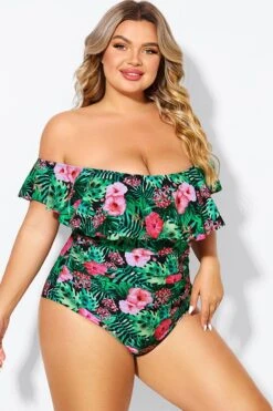 Floral Print Bandeau Off The Shoulder Ruffle One Piece Swimsuit -Bikini By Muse b deop183006 6