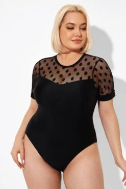 Fashionable Black Mesh Round Neck One Piece Swimsuit