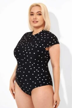 Polka Dots Zipper One Piece Swimsuit With Cap Sleeves -Bikini By Muse b deop187001 3
