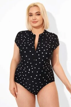 Polka Dots Zipper One Piece Swimsuit With Cap Sleeves -Bikini By Muse b deop187001 5