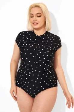 Polka Dots Zipper One Piece Swimsuit With Cap Sleeves -Bikini By Muse b deop187001 6