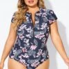 Pink Floral Tummy Control Cap Sleeves One Piece Swimsuit