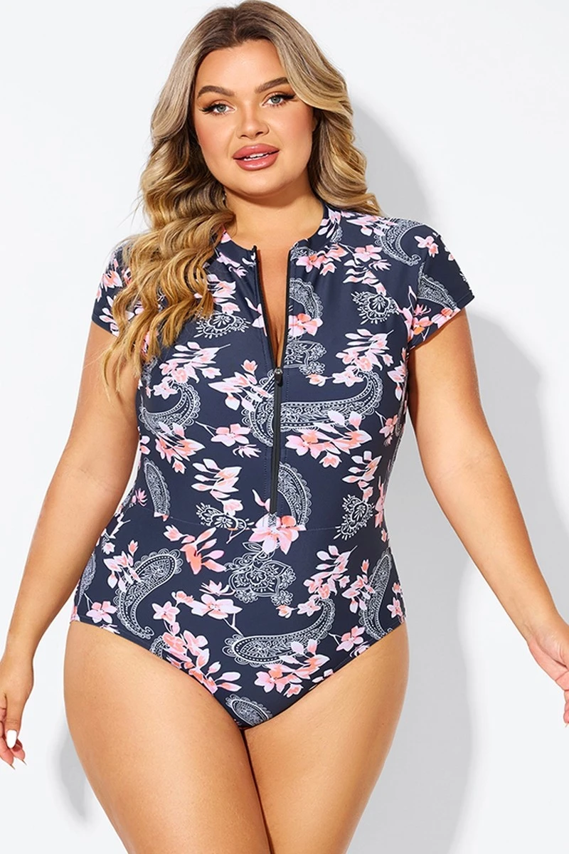 Pink Floral Tummy Control Cap Sleeves One Piece Swimsuit 1 Pink Floral Tummy Control Cap Sleeves One Piece Swimsuit