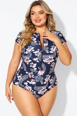 Pink Floral Tummy Control Cap Sleeves One Piece Swimsuit 8 Pink Floral Tummy Control Cap Sleeves One Piece Swimsuit -Bikini By Muse b deop187002 3