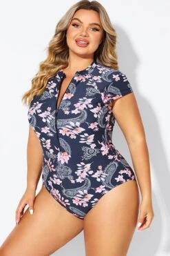 Pink Floral Tummy Control Cap Sleeves One Piece Swimsuit 9 Pink Floral Tummy Control Cap Sleeves One Piece Swimsuit -Bikini By Muse b deop187002 4