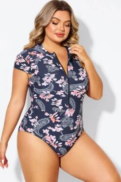 Pink Floral Tummy Control Cap Sleeves One Piece Swimsuit 10 Pink Floral Tummy Control Cap Sleeves One Piece Swimsuit -Bikini By Muse b deop187002 5
