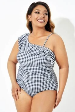 Black & White Gingham One-Shoulder One Piece Swimsuit -Bikini By Muse b deop190001 4