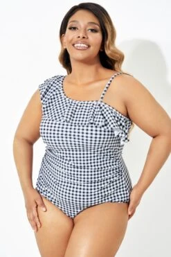 Black & White Gingham One-Shoulder One Piece Swimsuit -Bikini By Muse b deop190001 5