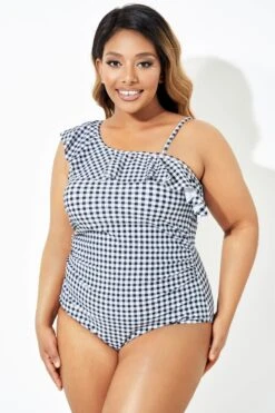 Black & White Gingham One-Shoulder One Piece Swimsuit -Bikini By Muse b deop190001 6