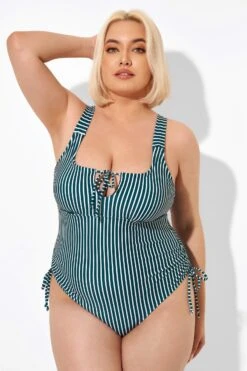 Green Stripe Center-front Keyhole One Piece Swimsuit