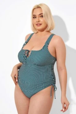 Green Stripe Center-front Keyhole One Piece Swimsuit -Bikini By Muse b deop198001 4