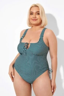 Green Stripe Center-front Keyhole One Piece Swimsuit -Bikini By Muse b deop198001 5