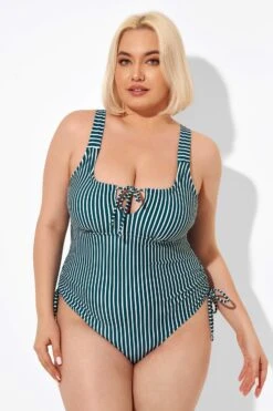 Green Stripe Center-front Keyhole One Piece Swimsuit -Bikini By Muse b deop198001 6