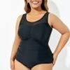 Black Mesh Ruching Tummy Control One Piece Swimsuit