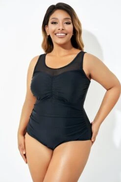 Black Mesh Ruching Tummy Control One Piece Swimsuit