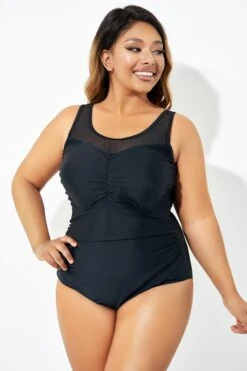 Black Mesh Ruching Tummy Control One Piece Swimsuit -Bikini By Muse b deop209001 3