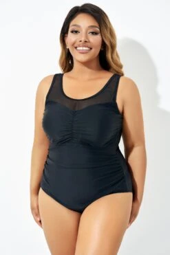 Black Mesh Ruching Tummy Control One Piece Swimsuit -Bikini By Muse b deop209001 4