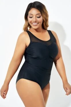 Black Mesh Ruching Tummy Control One Piece Swimsuit -Bikini By Muse b deop209001 6