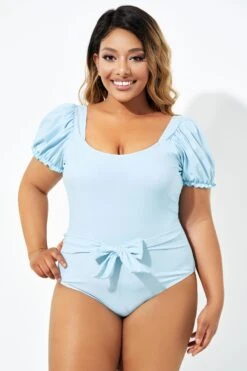 Blue Back Tie Short Sleeve One Piece Swimsuit