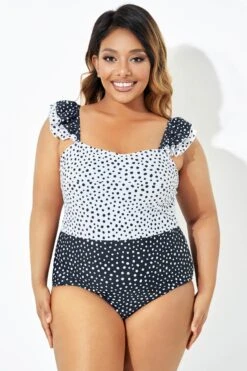Black & White Polka Dots Ruffles One Piece Swimsuit -Bikini By Muse b deop223001 3