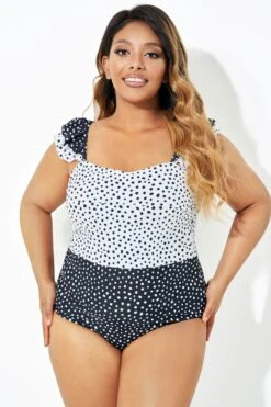 Black & White Polka Dots Ruffles One Piece Swimsuit -Bikini By Muse b deop223001 5