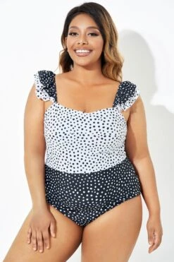 Black & White Polka Dots Ruffles One Piece Swimsuit -Bikini By Muse b deop223001 6