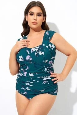 Deep Green Floral Off Shoulder One Piece Swimsuit -Bikini By Muse b deop256001 44