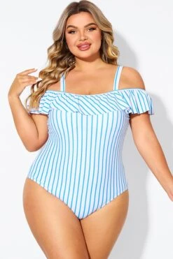 Blue & White Striped Off The Shoulder One Piece Swimsuit 8 Blue & White Striped Off The Shoulder One Piece Swimsuit -Bikini By Muse b deop263002 1