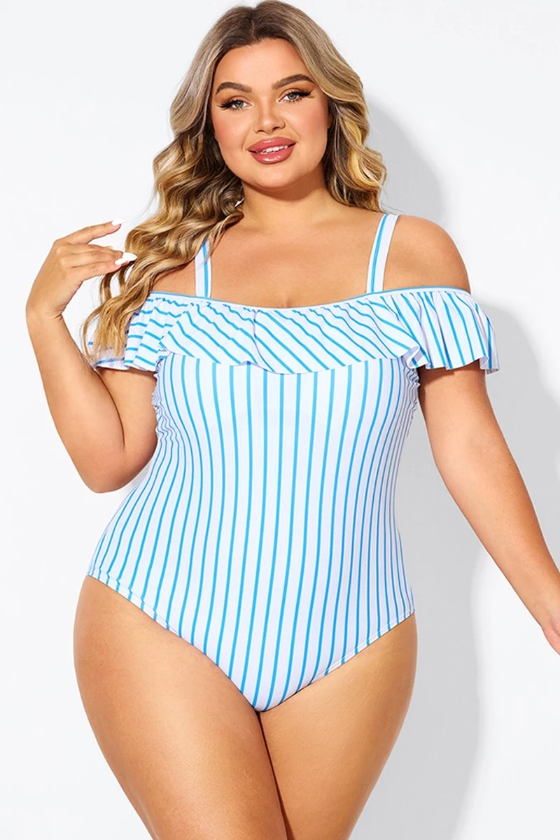 Blue & White Striped Off The Shoulder One Piece Swimsuit 3 Blue & White Striped Off The Shoulder One Piece Swimsuit - Image 3