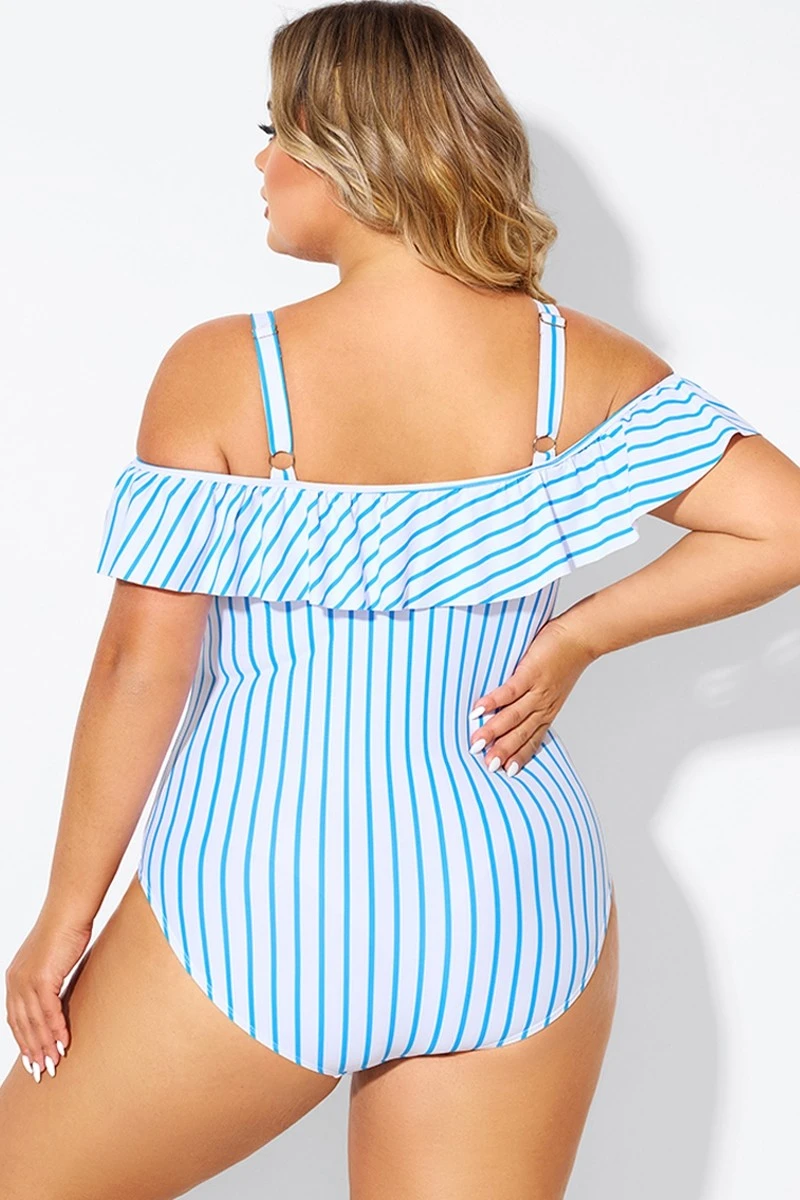 Blue & White Striped Off The Shoulder One Piece Swimsuit 2 Blue & White Striped Off The Shoulder One Piece Swimsuit - Image 2