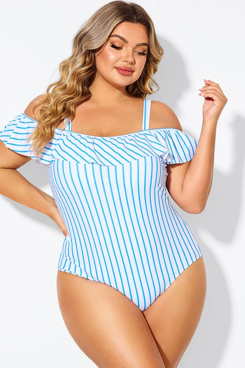 Blue & White Striped Off The Shoulder One Piece Swimsuit 1 Blue & White Striped Off The Shoulder One Piece Swimsuit