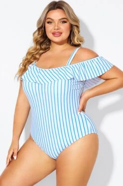 Blue & White Striped Off The Shoulder One Piece Swimsuit 11 Blue & White Striped Off The Shoulder One Piece Swimsuit -Bikini By Muse b deop263002 4